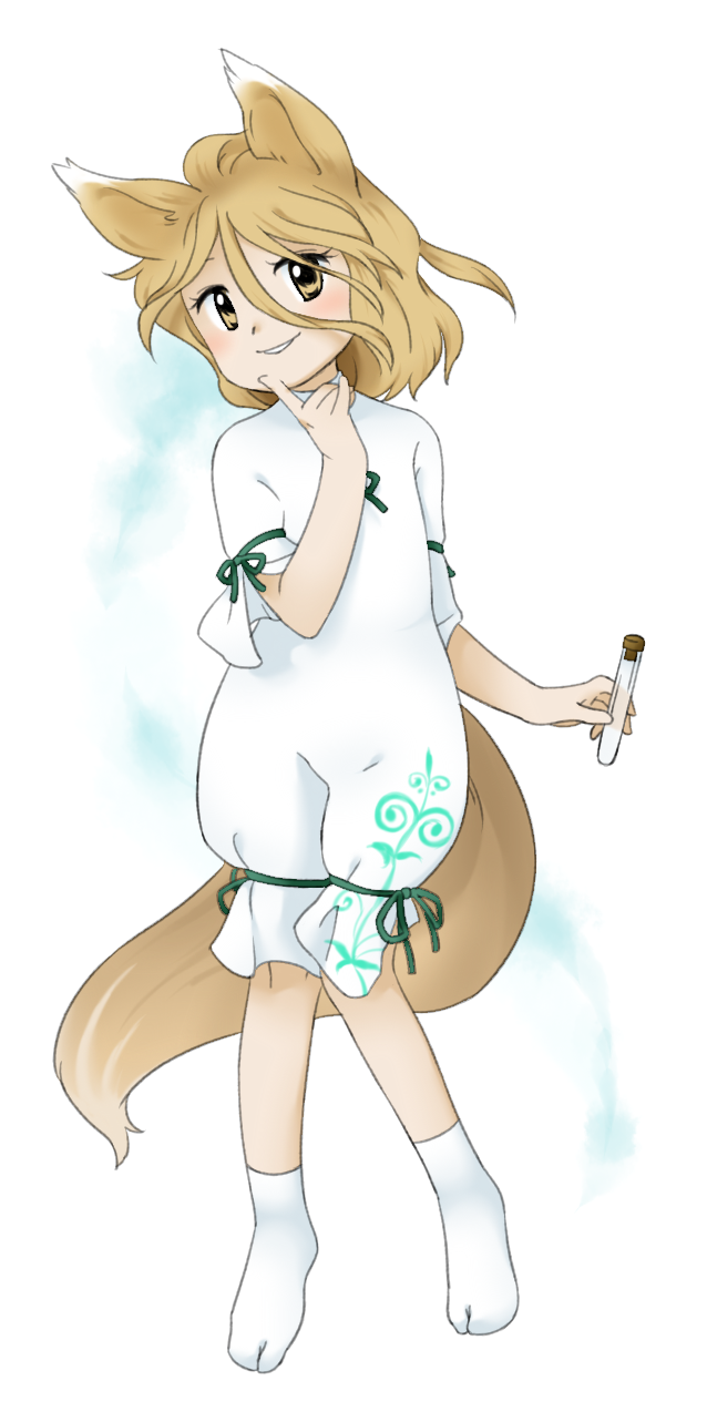 1girl animal_ears aqua_ribbon blonde_hair flat_chest fox_ears fox_girl fox_tail full_body hair_between_eyes hand_up highres holding holding_vial kudamaki_tsukasa nonamejd official_style ribbon romper short_hair short_sleeves sleeve_ribbon smile socks solo tabi tail touhou vial white_romper white_socks yellow_eyes yellow_tail zun_(style)