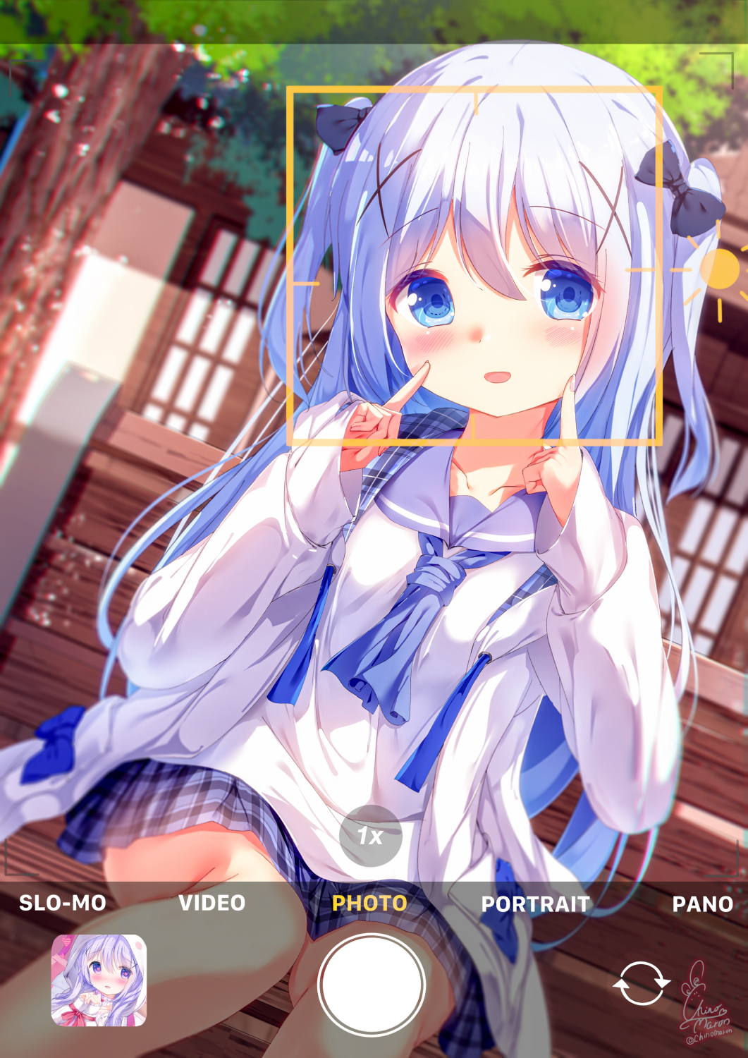 1girl artist_name bare_legs bench blue_bow blue_bowtie blue_eyes blue_hair blue_ribbon blue_sailor_collar blue_skirt blurry blurry_background blush bow bowtie chinomaron collarbone depth_of_field eyebrows_hidden_by_hair feet_out_of_frame finger_to_cheek gochuumon_wa_usagi_desu_ka? hair_between_eyes hair_bow hair_ornament hand_up highres jacket kafuu_chino light_blue_hair long_hair long_sleeves looking_at_viewer open_clothes open_jacket open_mouth outdoors plaid plaid_skirt pleated_skirt ribbon sailor_collar shirt signature sitting sitting_on_bench skirt smile solo tree twitter_username under_tree viewfinder white_shirt white_sleeves x_hair_ornament