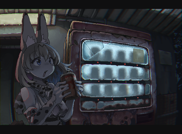 1girl animal_ears belt black_belt blonde_hair blue_eyes breasts can elbow_gloves gloves holding holding_can i_love_serval kemono_friends medium_breasts medium_hair open_mouth outdoors serval_(kemono_friends) serval_print solo teeth upper_body upper_teeth_only vending_machine