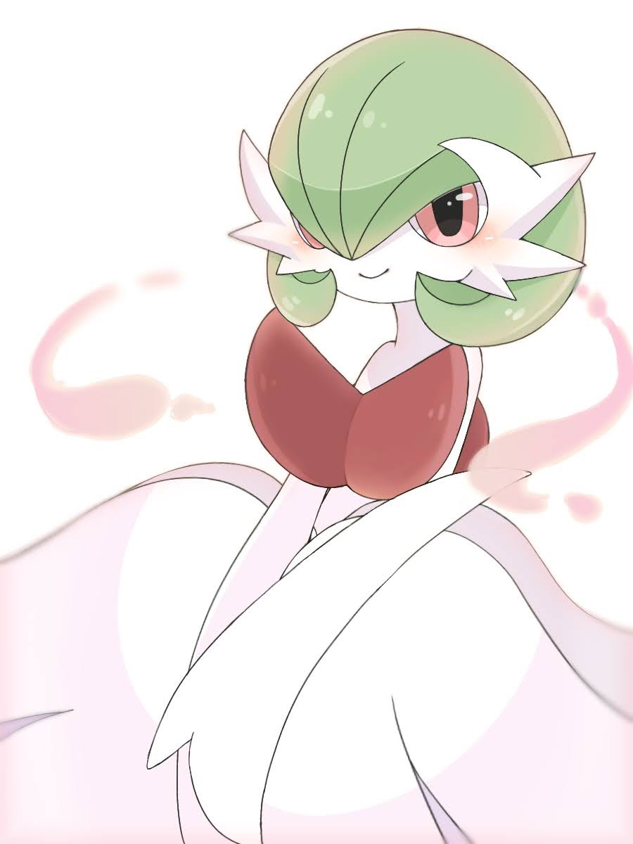 1girl bare_shoulders blush bob_cut closed_mouth colored_skin commentary_request dress elbow_gloves gardevoir gloves green_hair hair_over_one_eye happy highres long_dress looking_at_viewer mega_gardevoir mega_pokemon one_eye_covered own_hands_together partial_commentary pokemon pokemon_(creature) red_eyes short_hair simple_background smile solo strapless strapless_dress suzu_(pixiv_32232702) v_arms white_background white_dress white_gloves white_skin