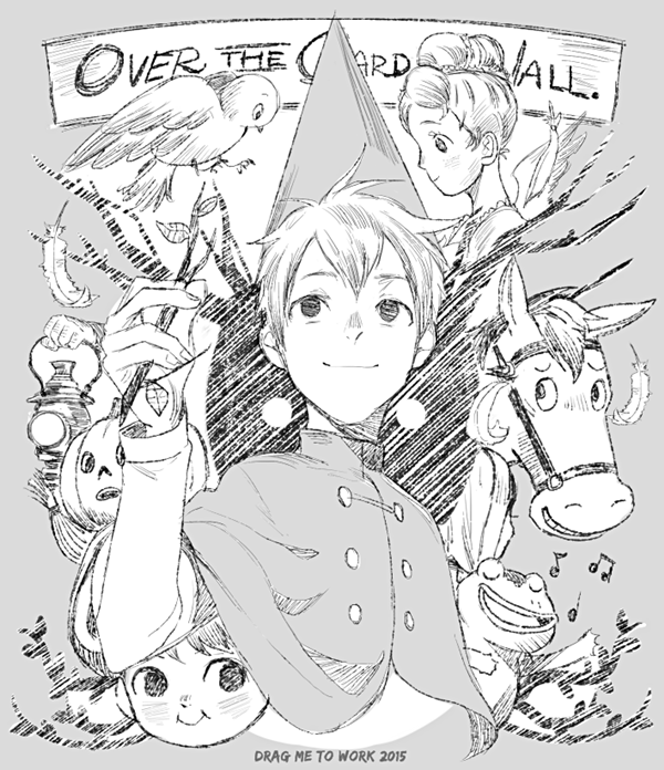 1girl 2boys bird blush branch character_request closed_mouth copyright_name feathers frog greyscale hat holding horse kanapy lantern leaf long_sleeves monochrome multiple_boys musical_note over_the_garden_wall simple_background smile upper_body