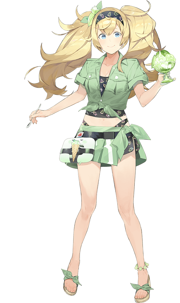 1girl akira_(kadokawa) barefoot blonde_hair blue_eyes blush closed_mouth collarbone collared_shirt food full_body gambier_bay_(kancolle) gambier_bay_mk_ii_(kancolle) green_shirt hair_between_eyes holding holding_spoon ice_cream kantai_collection long_hair official_art sandals shaved_ice shirt short_sleeves smile solo spoon transparent_background twintails