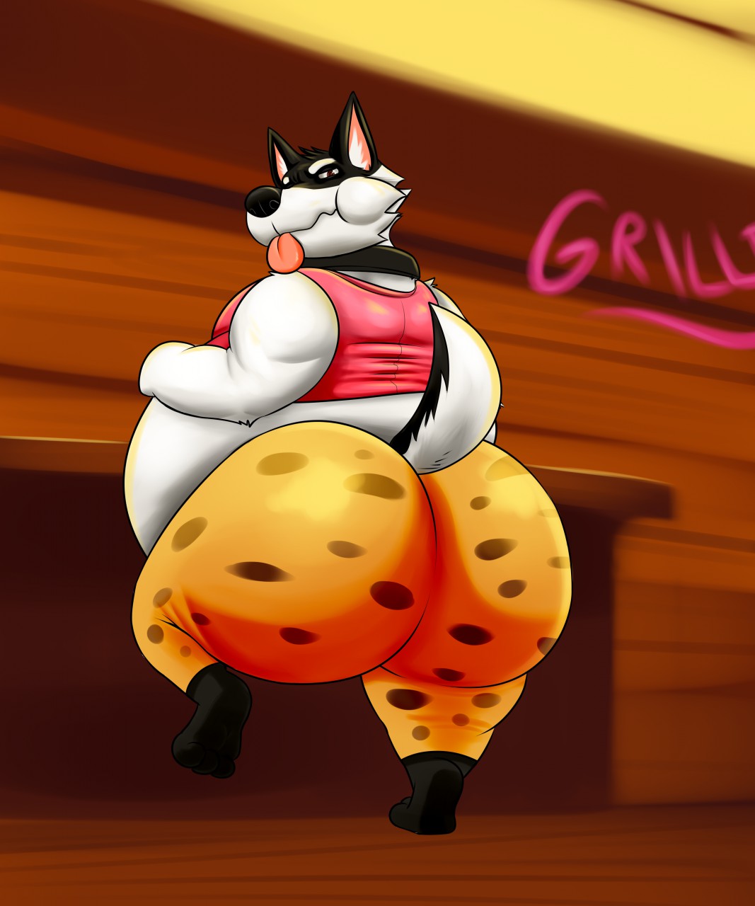 anthro belly big_belly big_butt black_nose brown_eyes butt canid canine canis cheek_bulge clothing crashwolf doggo_(undertale) domestic_dog fur grillby's hand_on_stomach hi_res inside looking_at_viewer looking_back male mammal on_one_leg overweight overweight_anthro overweight_male pattern_clothing pink_clothing pink_shirt pink_tank_top pink_tongue pink_topwear shirt solo spots spotted_clothing standing tank_top tongue tongue_out topwear undertale undertale_(series) video_games white_belly white_body white_fur