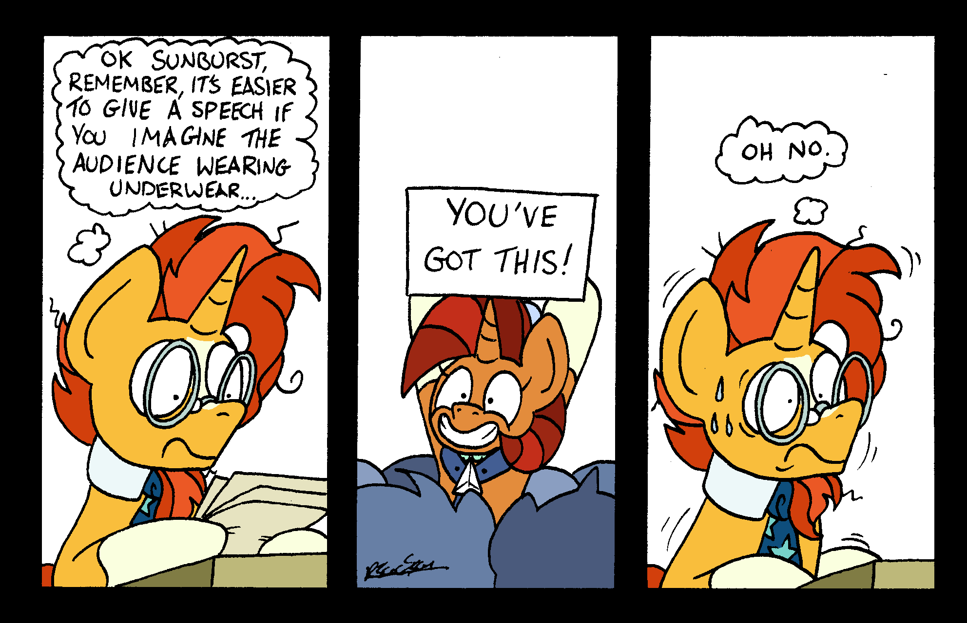 bobthedalek bodily_fluids comic english_text equid equine eyewear female friendship_is_magic glasses hi_res horn male mammal my_little_pony sign stellar_flare_(mlp) sunburst_(mlp) sweat sweatdrop text thought_bubble unicorn