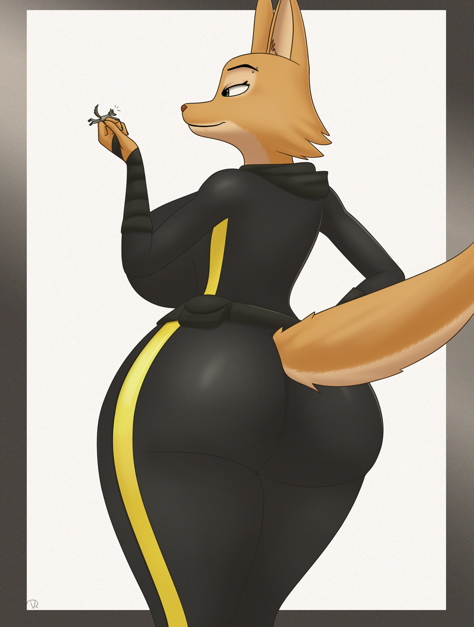 anthro big_breasts big_butt breasts butt canid canine canis clothing diane_foxington dreamworks duo female fox hi_res larger_female macro male mammal micro mr._wolf_(the_bad_guys) r-rova size_difference skinsuit smaller_male solo the_bad_guys thick_thighs tight_clothing wide_hips wolf