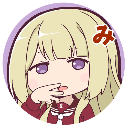 1girl assault_lily bangs blonde_hair blunt_bangs blush brown_sailor_collar chibi circle commentary_request hand_up kanba_girls_high_school_uniform light_smile long_hair long_sleeves looking_at_viewer lowres masaki_itsuki miyagawa_takane necktie no_pupils parted_lips portrait purple_background purple_eyes red_shirt round_image sailor_collar school_uniform serafuku shirt sidelocks sign_language simple_background solo translated transparent_background white_necktie