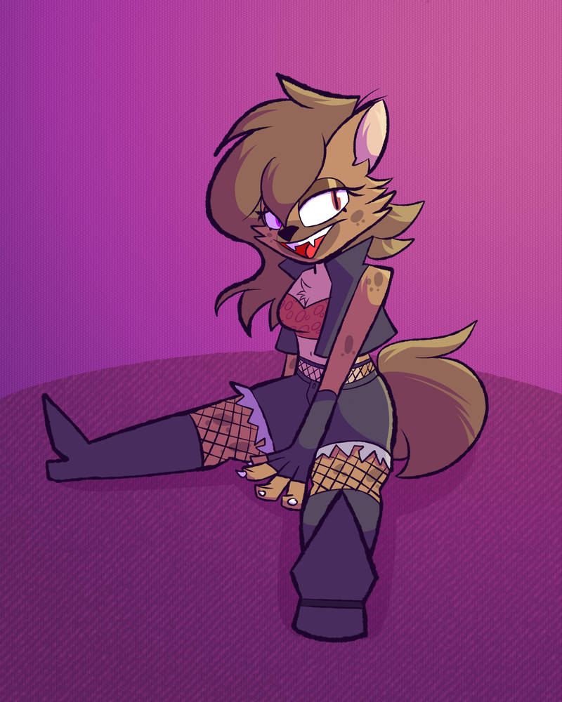 boots bottomwear brown_hair clothing digital_media_(artwork) fangs female fishnet footwear gloves glowing glowing_eyes hair handwear helena_(bonk6) hyaenid jacket mammal shorts solo topwear zarksart