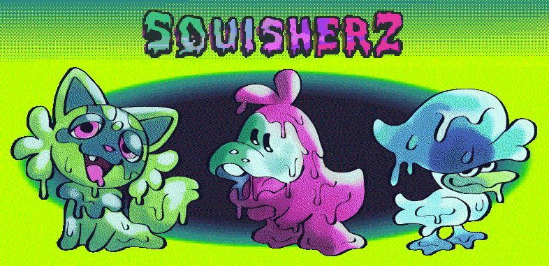 2022 ambiguous_gender digital_media_(artwork) dithering feral fuecoco goo_creature group hypnospace_outlaw nintendo open_mouth parody pok&eacute;mon pok&eacute;mon_(species) purple_eyes quaxly simple_background sprigatito squisherz text tongue video_games wonderslug_(artist)