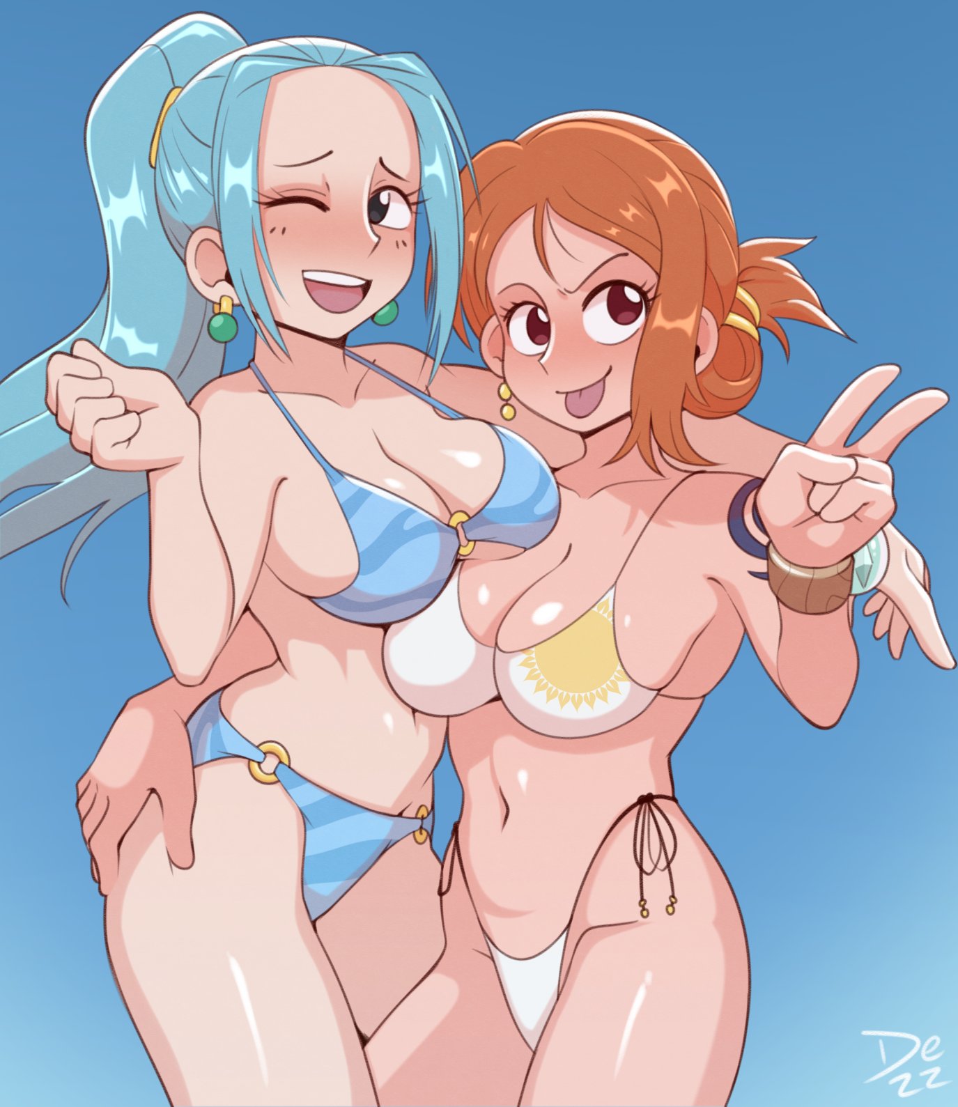 2girls aqua_hair bikini black_eyes blue_background blue_bikini blush breasts brown_eyes brown_hair character_request cleavage cowboy_shot dezz earrings folded_ponytail highres jewelry large_breasts looking_at_viewer multiple_girls navel o-ring o-ring_bikini one_eye_closed one_piece open_mouth ponytail shadow smile swimsuit tongue tongue_out v white_bikini