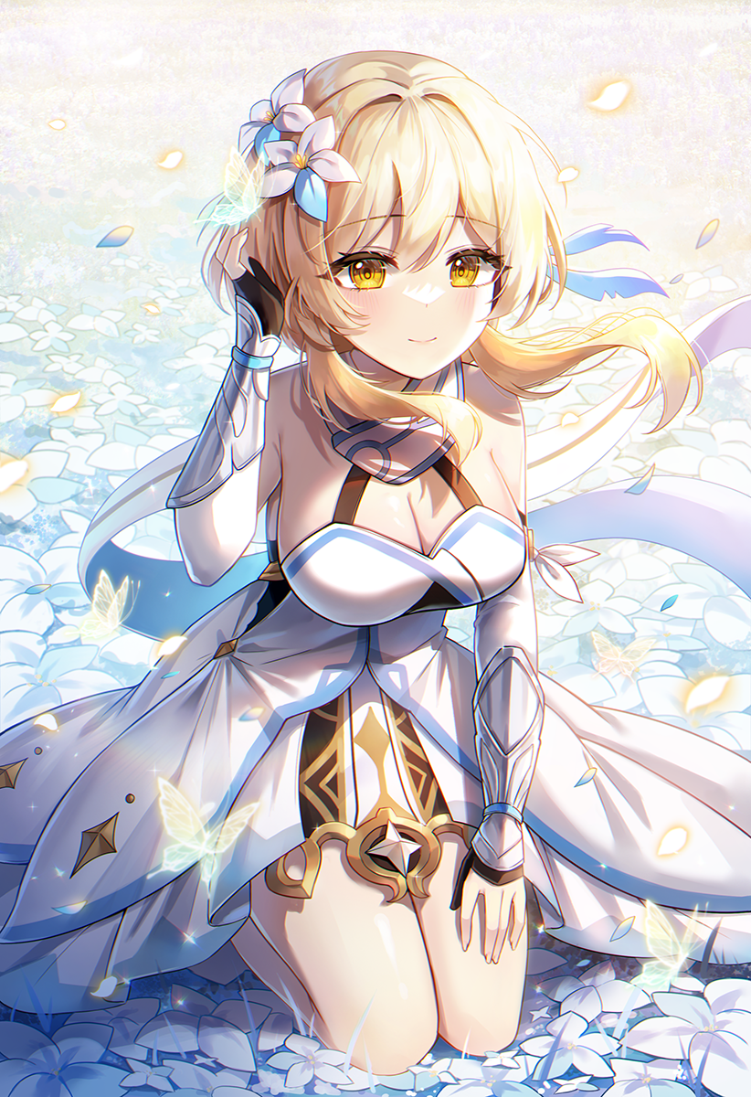 1girl bare_shoulders black_gloves blonde_hair breasts bug chromatic_aberration cleavage closed_mouth commentary crystalfly_(genshin_impact) day dress falling_petals firefly flower genshin_impact gloves hair_flower hair_ornament hand_on_own_thigh hayun highres large_breasts looking_at_viewer lumine_(genshin_impact) outdoors partially_fingerless_gloves petals seiza short_hair_with_long_locks sidelocks sitting sleeveless sleeveless_dress smile solo sunlight thighs vambraces white_dress white_flower yellow_eyes