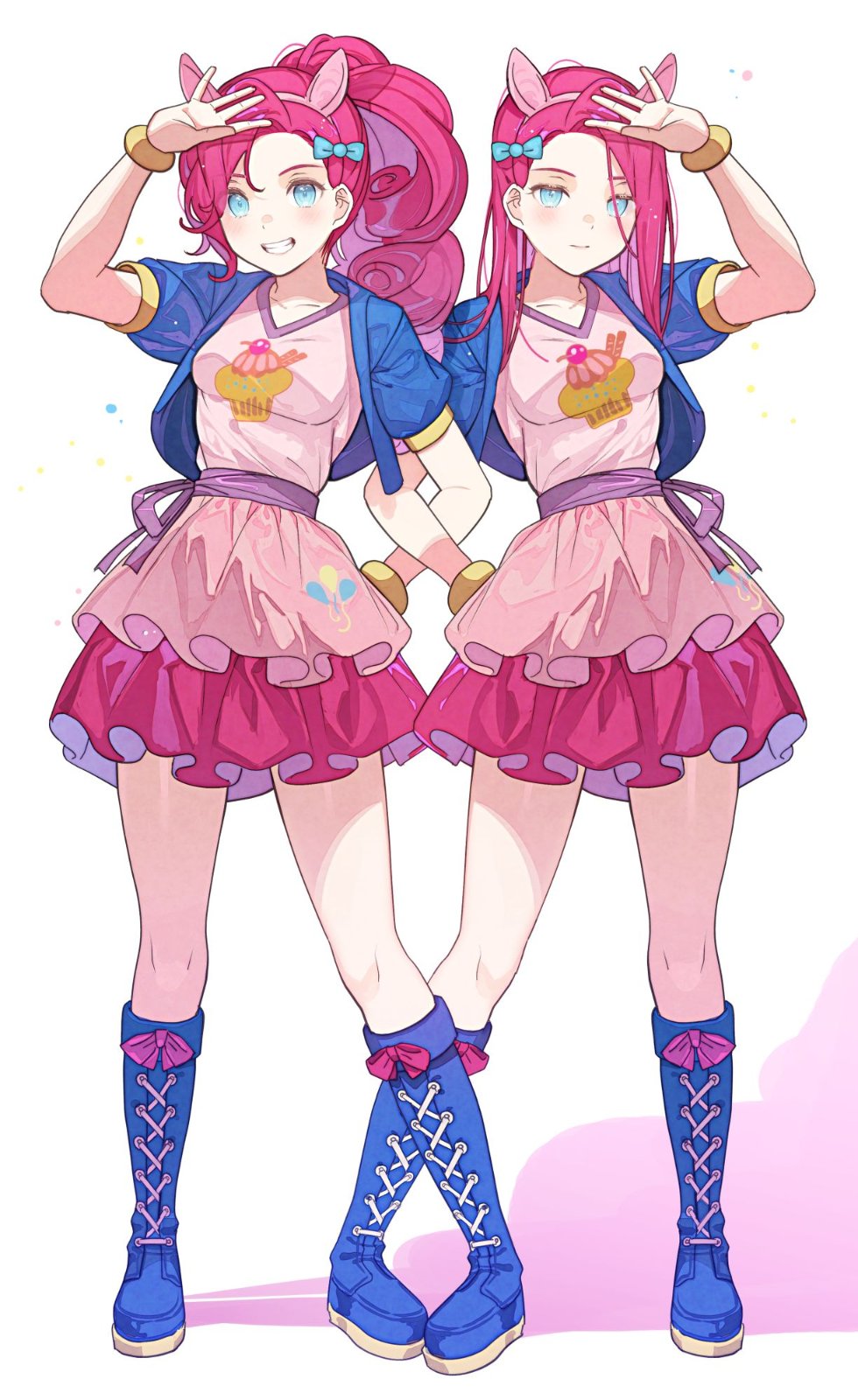 2girls animal_ears arm_up blue_bow blue_eyes blue_footwear boots bow bracelet eyes_visible_through_hair fake_animal_ears food_print frills gold_bracelet grey_background hair_bow highres horse_ears jewelry koyoi_mitsuki light_blue_eyes locked_arms long_hair looking_at_viewer multicolored_hair multiple_girls my_little_pony my_little_pony_friendship_is_magic personification pink_bow pink_hair pinkie_pie ponytail purple_bow purple_hair simple_background smile standing teeth two-tone_hair