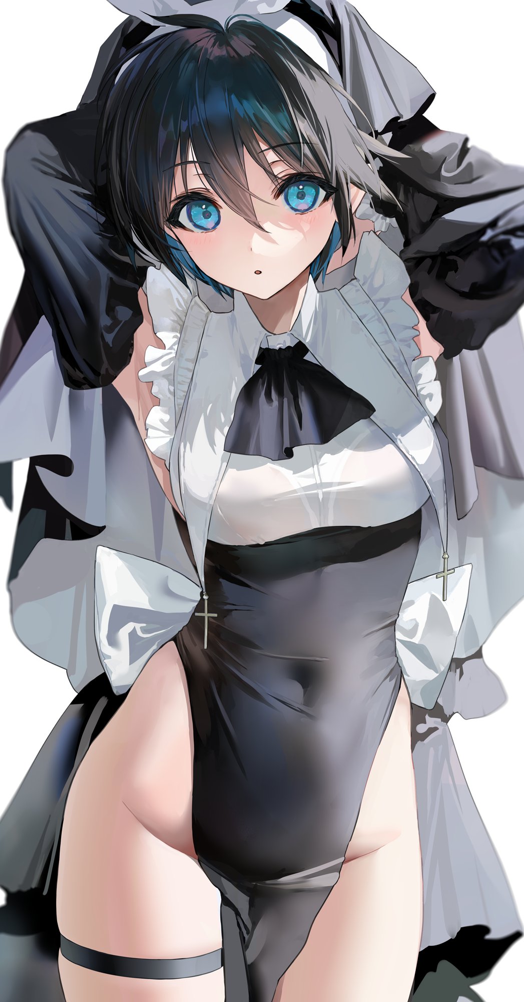 1girl armpit_peek arms_behind_head arms_up black_dress black_hair blue_eyes bow bowtie bra_visible_through_clothes breasts covered_navel cowboy_shot detached_sleeves dress frills genderswap genderswap_(mtf) groin habit highres houshin_engi large_breasts long_sleeves mimoza_(96mimo414) no_panties nun parted_lips pelvic_curtain short_hair skindentation solo standing taikoubou thigh_strap thighs veil