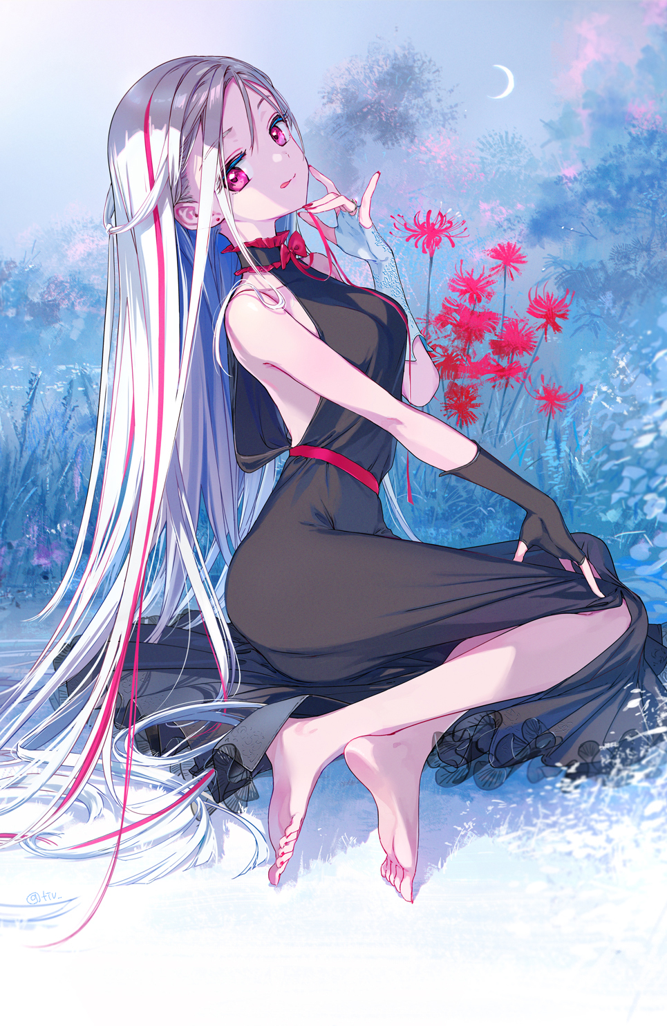 1girl asymmetrical_gloves barefoot black_dress black_gloves blue_gloves closed_mouth crescent_moon dress fingerless_gloves flower gloves hand_up highres licking_lips long_hair looking_at_viewer mismatched_gloves moon multicolored_hair original pink_eyes red_hair sitting sleeveless sleeveless_dress solo spider_lily streaked_hair tiv tongue tongue_out very_long_hair white_hair