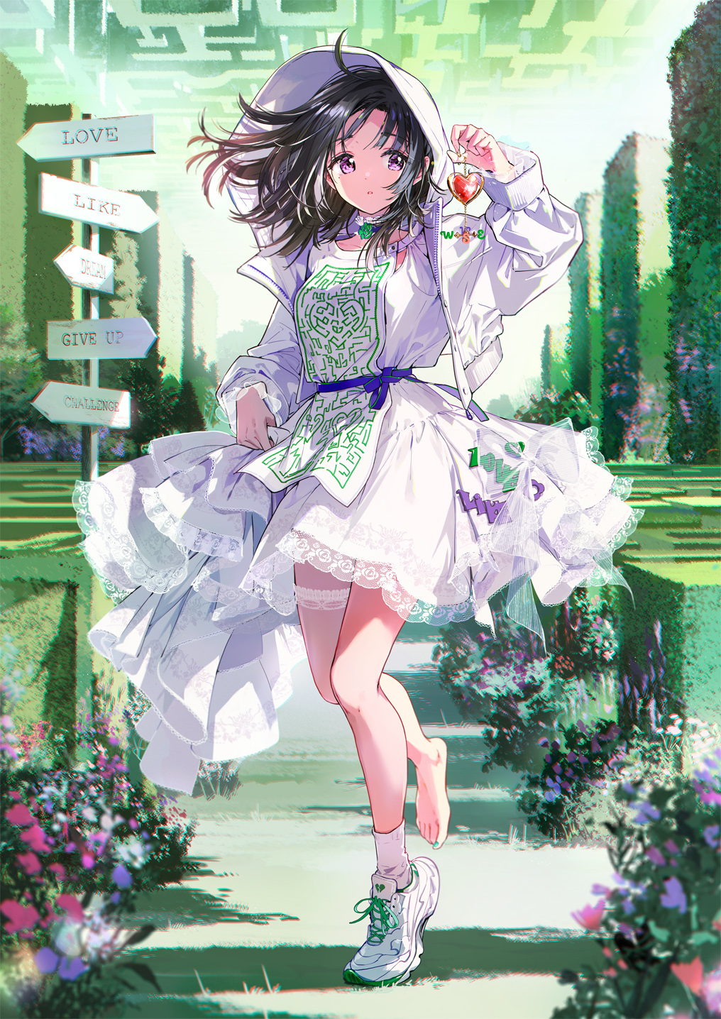 1girl black_hair dress hand_up highres hood hood_up hooded_jacket jacket medium_hair open_clothes open_jacket original parted_lips purple_eyes road_sign shoes shoes_removed sign single_shoe solo standing standing_on_one_leg tiv white_dress white_jacket wind