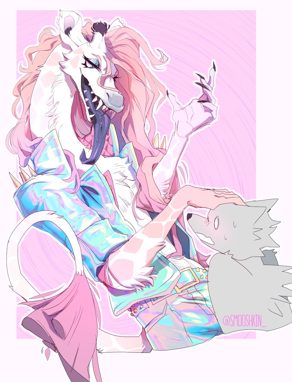 2022 5_fingers claws digital_media_(artwork) dragon eyebrows eyelashes fingers fur furred_dragon hair hi_res open_mouth pink_hair smile smooshkin teeth tongue white_body white_fur