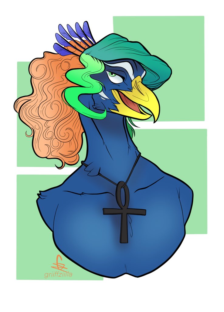 ankh anthro arta_aere avian beak bird blue_body blue_feathers feathers galliform green_eyes griffzilla hair long_hair male peafowl phasianid shirtless solo