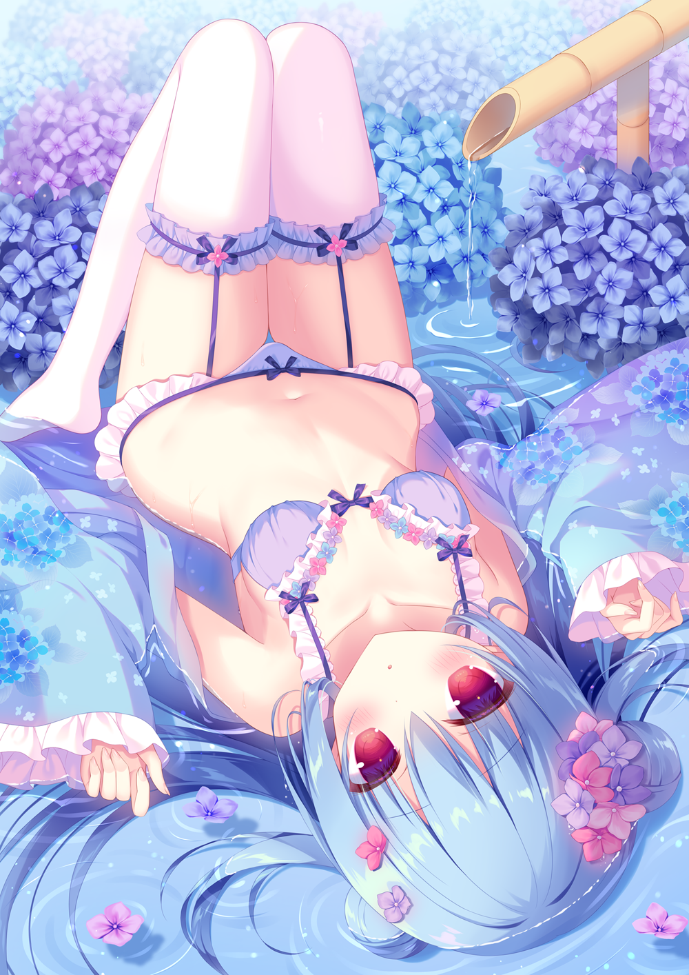 1girl :o bangs blue_bra blue_flower blue_hair blue_kimono blue_panties blush bow bow_bra bow_panties bra breasts commentary_request double_bun flower frilled_legwear frilled_sleeves frills garter_straps hair_between_eyes hair_bun hasune highres hydrangea japanese_clothes kimono knees_together_feet_apart knees_up long_sleeves looking_at_viewer lying navel no_shoes on_back open_clothes open_kimono original panties parted_lips pink_flower red_eyes shallow_water shishi_odoshi sleeves_past_wrists small_breasts solo thigh_gap thighhighs underwear water wide_sleeves