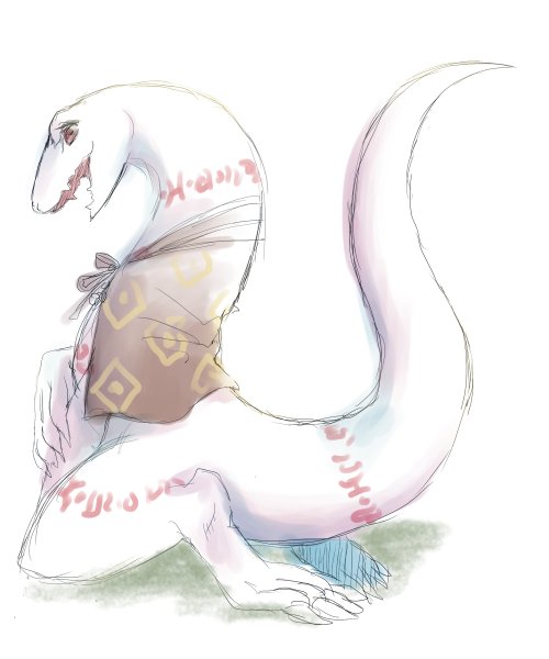 2018 4_toes 5:6 albino anthro big_tail biped cape cape_only capelet clothing colored_sketch crusch_lulu cute_fangs digital_drawing_(artwork) digital_media_(artwork) digitigrade eyelashes feet female fukuwan kneeling leg_markings lizard lizardman_(overlord) long_neck long_tail markings mostly_nude neck_markings open_mouth open_smile orange_cape overlord_(series) pattern_cape pink_markings red_eyes reptile scalie shaded side_view simple_background sketch smile soft_shading solo tail_markings thick_tail thigh_markings toes tribal tribal_markings white_background white_body