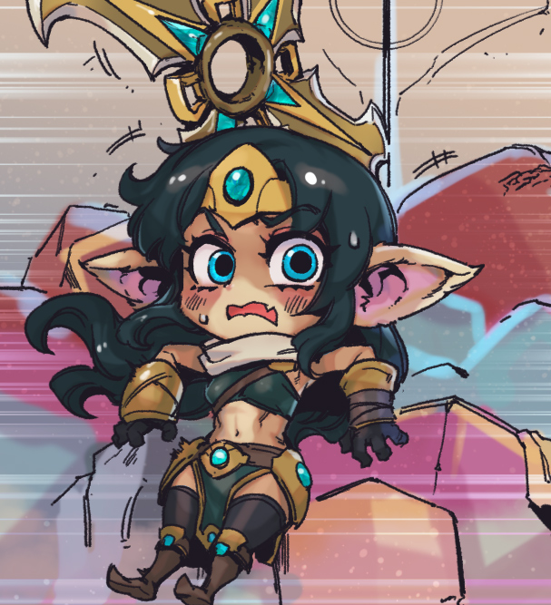 1girl alternate_ears alternate_form bangs bare_shoulders black_gloves black_hair black_thighhighs blush boomerang boots breasts brown_footwear fang gem gloves green_eyes hair_ornament knee_boots league_of_legends long_hair navel open_mouth phantom_ix_row pointy_ears shiny shiny_hair sivir skin_fang small_breasts solo stomach thighhighs weapon yordle