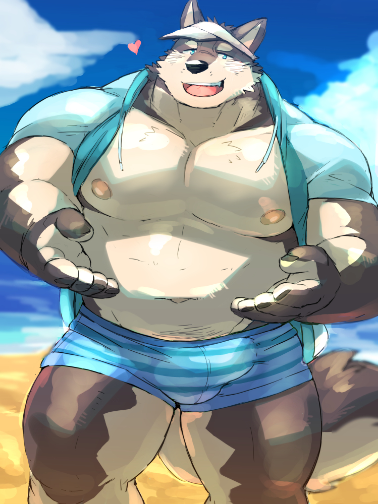 &lt;3 2022 anthro ayame42612 balls_outline barazoku beach black_nose bulge canid canine clothed clothing cloud genital_outline hoodie humanoid_hands kemono male mammal navel nipples open_clothing open_hoodie open_topwear outside penis_outline seaside solo swimwear topwear water