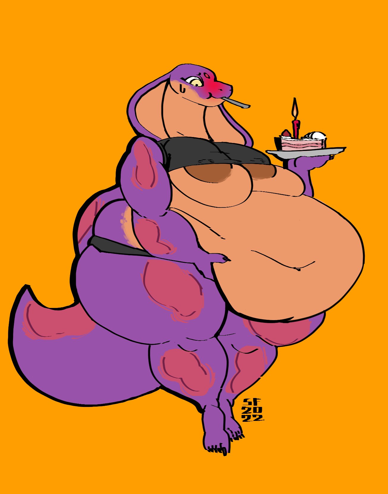 anthro areola birthday_cake blush bodily_fluids bra breasts cake candle clothing dessert female food hi_res holding_belly holding_food holding_object holding_plate huge_hips keeshee obese obese_female object_in_mouth overweight overweight_female plate purple_body purple_scales reptile scales scalie simple_background snake snake_hood solo standing stickface sweat sweatdrop under_boob underwear yellow_eyes