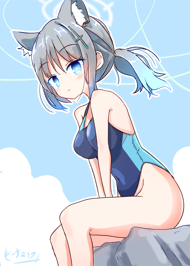 1girl :3 animal_ear_fluff animal_ears bangs black_swimsuit blue_archive blue_eyes blue_sky breasts cloud competition_swimsuit covered_navel cross_hair_ornament extra_ears feet_out_of_frame grey_hair hair_ornament halo low_ponytail maiku medium_breasts medium_hair mismatched_pupils multicolored_clothes multicolored_swimsuit one-piece_swimsuit rock shiroko_(blue_archive) shiroko_(swimsuit)_(blue_archive) sitting sky solo swimsuit