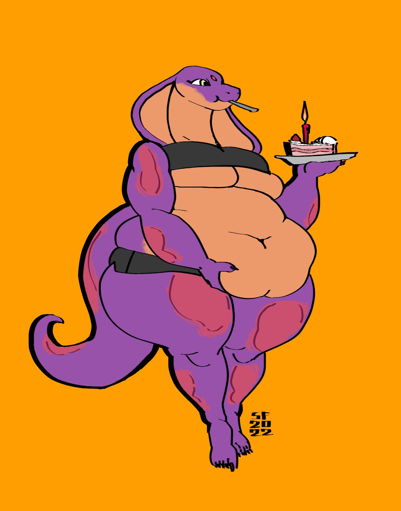 anthro birthday_cake bra breasts cake candle clothing dessert female food hi_res holding_belly holding_food holding_object holding_plate huge_hips keeshee obese obese_female object_in_mouth overweight overweight_female plate purple_body purple_scales reptile scales scalie simple_background snake snake_hood solo standing stickface under_boob underwear yellow_eyes