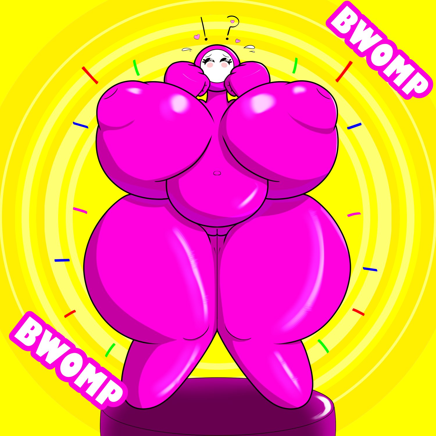 2020 ?! areola belly big_breasts blush bodily_fluids breasts bright_colors cleft_of_venus confusion digital_media_(artwork) eyelashes fall_guy fall_guys female flustered genitals growth hi_res huge_breasts huge_thighs humanoid hyper hyper_breasts inverted_nipples looking_at_viewer navel nipples nude onomatopoeia overweight overweight_female overweight_humanoid pink_body pussy shaded solo sound_effects standing sweat sweatdrop text thick_thighs transformation vestalysis video_games