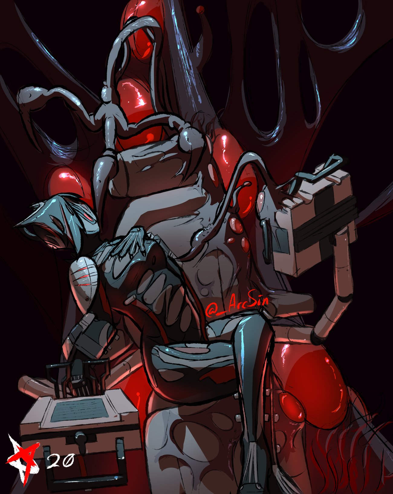 1girl alternate_costume arcafterdark artist_name colored_skin crossed_legs hand_on_own_chest helminth_infirmary_(warframe) highres imminent_rape looking_at_another multicolored_skin sitting tentacles torn_clothes valkyr_(warframe) warframe