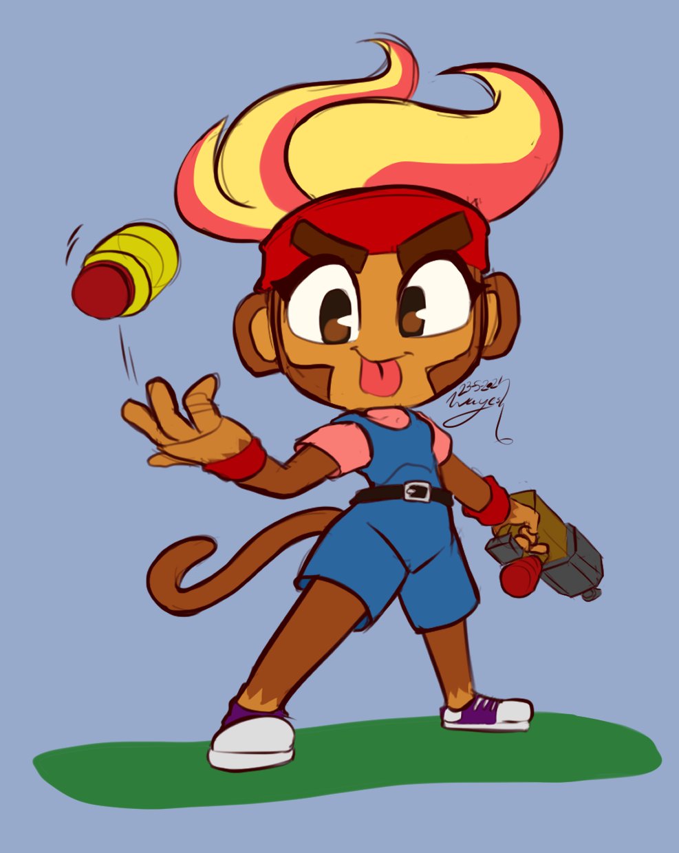 anthro belt bloons_tower_defense brown_body clothing female footwear gwendolin hair haplorhine hi_res mammal monkey primate red_hair round_ears shoes solo sweatband tongue tongue_out wayesh