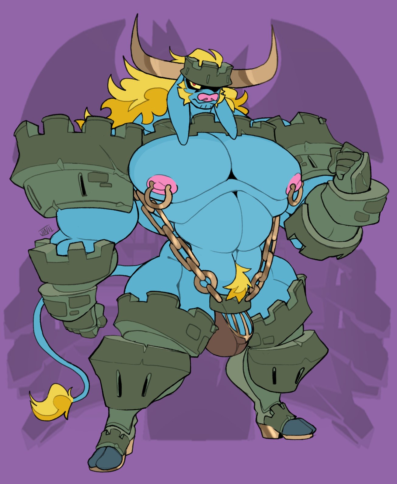 action_pose anthro armguard armguards armor armored_boots armored_gloves armwear big_bulge blonde_hair blonde_pubes blue_body bovid bovine bulge castle cattle chain chain_straps clothing demon demon_beast exposed_chest hair hi_res huge_bulge hybrid ineffective_clothing jinti_(artist) jockstrap kings_of_hell legwear legwear_around_legs male mammal manotaur morax_(kings_of_hell) nipple_piercing nipple_ring nipples penis_peek piercing pose pube_peek pubes pubes_exposed purple_background ring_piercing segment_armor simple_background solo solo_focus tail tail_tuft thong tuft unconvincing_armor underwear