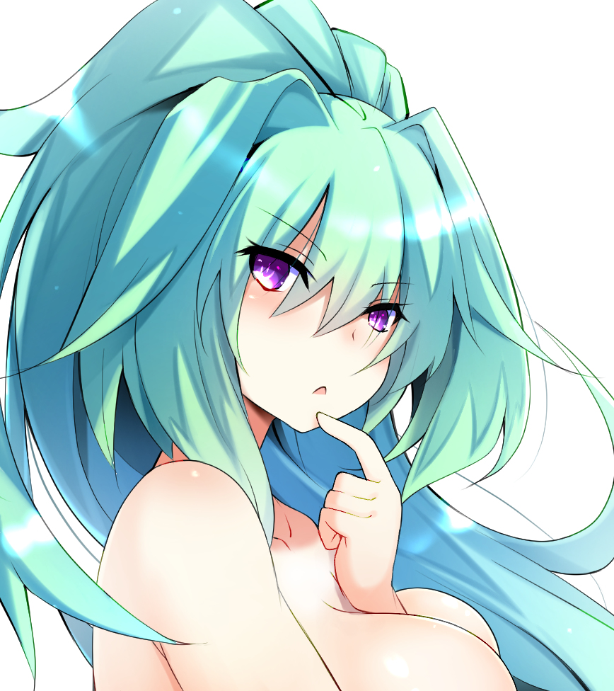 1girl arm_between_breasts between_breasts breasts choujigen_game_neptune clip_studio_paint_(medium) completely_nude doria_(p_f_dolia) finger_to_mouth green_hair green_heart_(neptunia) large_breasts long_hair neptune_(series) nude out-of-frame_censoring ponytail power_symbol power_symbol-shaped_pupils purple_eyes solo