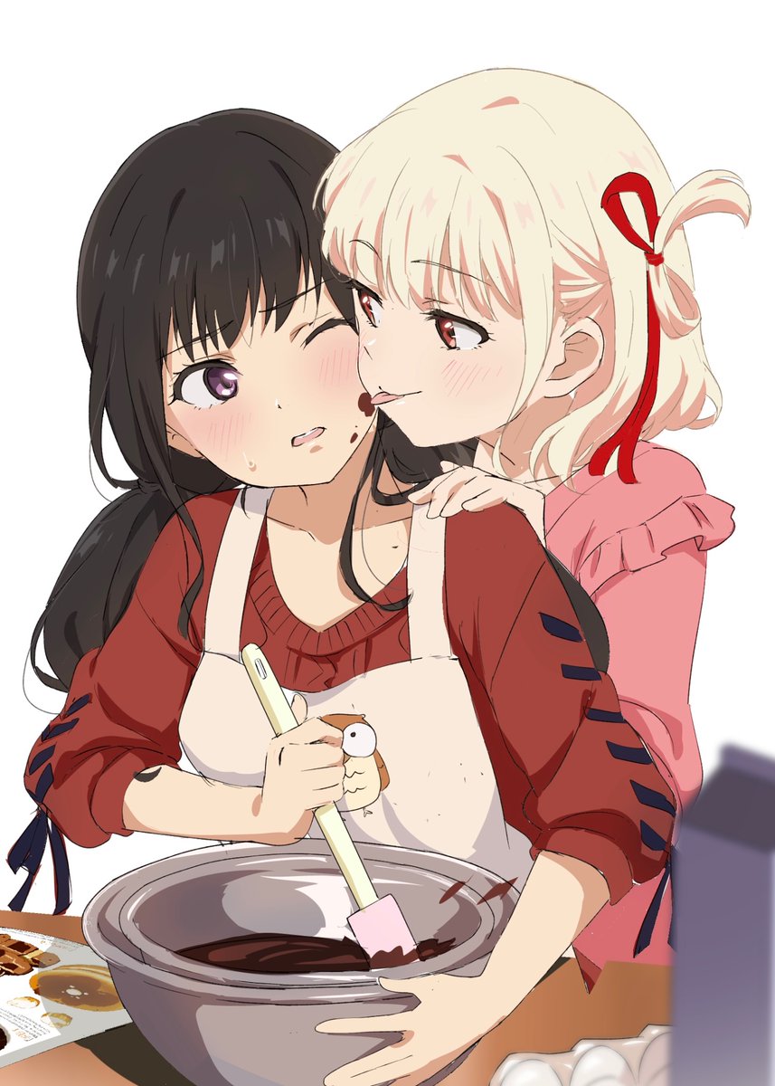 2girls apron black_hair blonde_hair blush bowl chocolate chocolate_making collarbone commentary food food_on_face frilled_shirt frills hair_ribbon highres holding holding_spatula inoue_takina licking licking_another's_cheek licking_another's_face long_hair low_twintails lycoris_recoil multiple_girls nishikigi_chisato one_eye_closed one_side_up open_mouth or2_(sahr7857) pink_shirt purple_eyes red_eyes red_ribbon red_sweater ribbon shirt short_hair simple_background sleeves_past_elbows spatula sweatdrop sweater tongue tongue_out twintails valentine white_apron white_background yuri