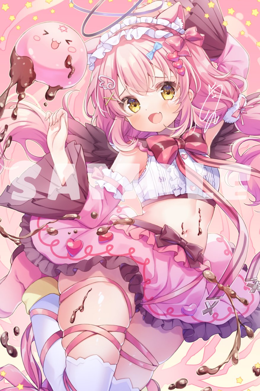 1girl animal_ears arm_up bare_shoulders blush bow bowtie breasts cat_ears chocolate chocolate_on_body crop_top datenchi_yua detached_sleeves dot_nose fang floating food_on_body frilled_skirt frills hair_between_eyes hand_up highres indie_virtual_youtuber kisukekun looking_at_viewer maid_headdress medium_hair midriff navel pink_background pink_footwear pink_skirt ribbon sample_watermark skin_fang skindentation skirt small_breasts solo thick_thighs thighhighs thighs valentine virtual_youtuber watermark white_thighhighs wide_sleeves yellow_eyes