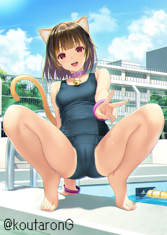 1girl :d animal_ears arm_support bare_arms bare_legs bare_shoulders barefoot bell blue_one-piece_swimsuit blue_sky breasts brown_hair building cameltoe cat_ears cat_girl cat_tail cloud cloudy_sky collar collarbone commentary_request covered_navel day fingernails jingle_bell koutaro looking_at_viewer neck_bell old_school_swimsuit one-piece_swimsuit original outdoors poolside purple_collar red_eyes school_swimsuit sky small_breasts smile solo spread_legs swimsuit tail tiptoes twitter_username v water window