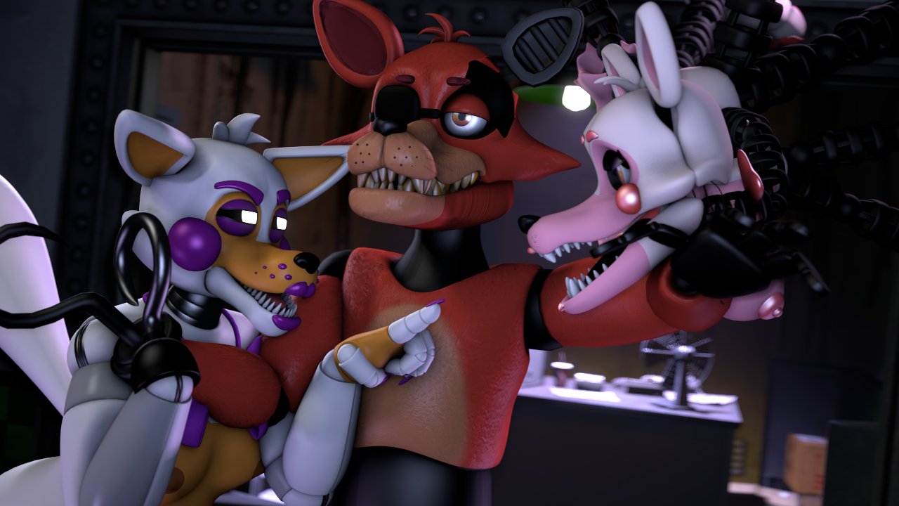 2024 3d_(artwork) animatronic anthro areola bent_over black_nose black_sclera bow_ribbon breasts brown_eyes brown_nipples canid canine desk digital_media_(artwork) eye_patch eyewear female five_nights_at_freddy's five_nights_at_freddy's_2 five_nights_at_freddy's_world fox foxy_(fnaf) furniture gesture group hair half-closed_eyes holidays hook hook_hand inside lolbit_(fnaf) looking_at_another machine male mammal mangle_(fnaf) multicolored_body narrowed_eyes nipples orange_body orange_eyes pink_areola pink_body pink_nipples pointing pointing_at_another purple_ribbon red_body red_ears red_hair robot scottgames sfmmations sharp_teeth source_filmmaker standing table tail teeth three-quarter_view trio two_tone_body valentine's_day white_body white_ears white_eyes white_hair white_tail withered_foxy_(fnaf)