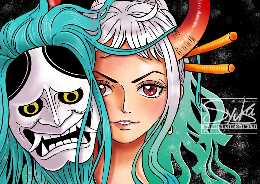 1girl black_background blue_hair blunt_ends close-up earrings english_commentary green_hair hair_ornament horns jewelry light_smile looking_at_viewer mask multicolored_hair one_piece one_syuka red_eyes sidelocks signature solo two-tone_hair v-shaped_eyebrows white_hair yamato_(one_piece)