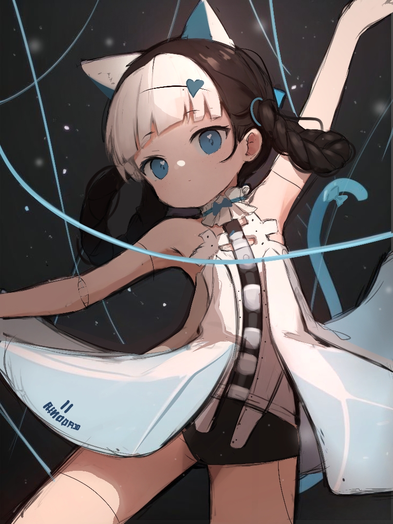 1girl animal_ears bambinata_(punishing:_gray_raven) bare_arms bare_shoulders black_hair black_leotard blue_eyes blue_tail braid cat_ears cat_tail dress fake_animal_ears fake_tail hair_rings heart heart-shaped_pupils hikari_chan leotard mechanical_arms mechanical_legs mechanical_parts multicolored_hair punishing:_gray_raven short_dress solo symbol-shaped_pupils tail twin_braids two-tone_hair white_dress white_hair