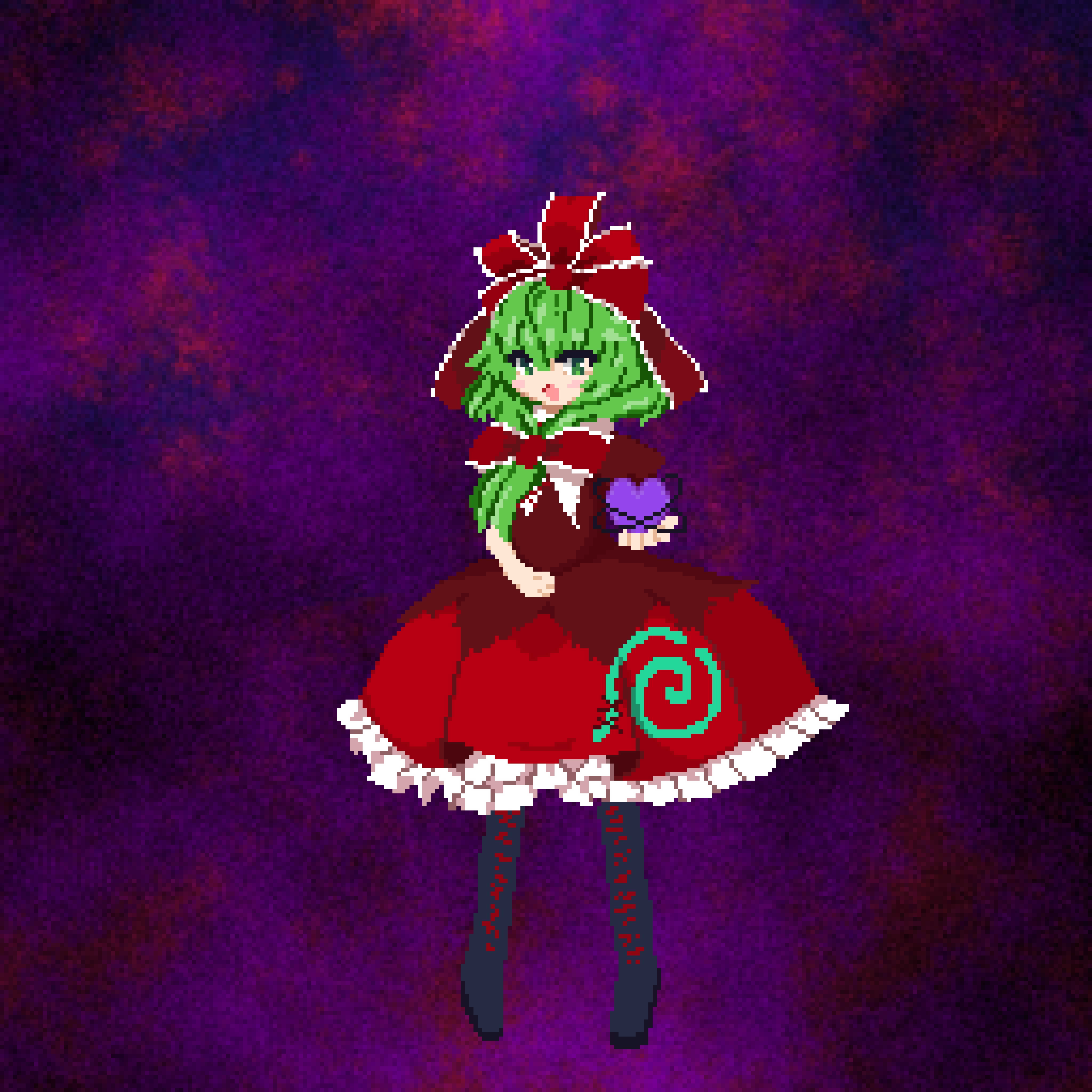 1girl absurdres black_footwear boots bow cross-laced_footwear dress frilled_dress frills front_ponytail full_body green_eyes green_hair hair_bow hair_ribbon heart highres kagiyama_hina looking_at_viewer pixel_art purple_background red_bow red_dress red_ribbon ribbon ruru2koichi solo touhou