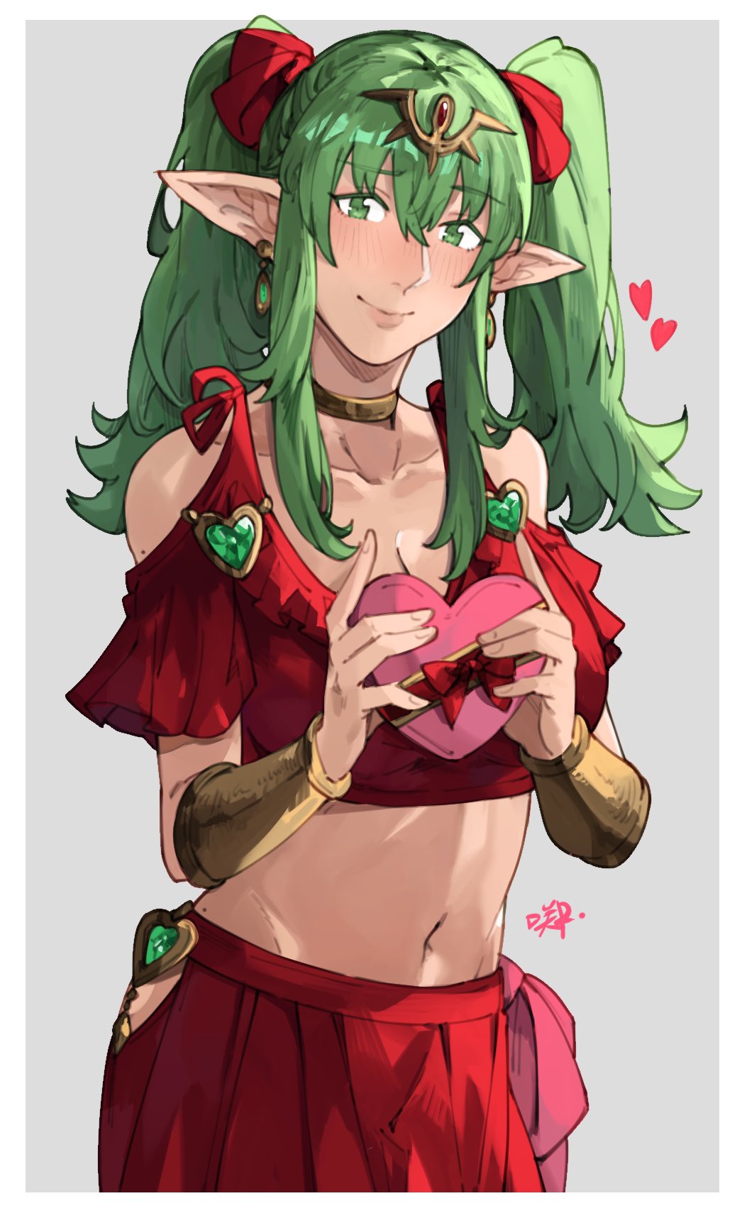 1girl alternate_costume alternate_hairstyle box breasts cleavage earrings fire_emblem fire_emblem_awakening green_eyes green_hair hair_ribbon heart highres holding holding_box jewelry long_hair looking_at_viewer medium_breasts midriff navel pointy_ears red_ribbon red_skirt ribbon sakuremi sidelocks skirt smile solo tiara tiki_(adult)_(fire_emblem) tiki_(fire_emblem) twintails valentine