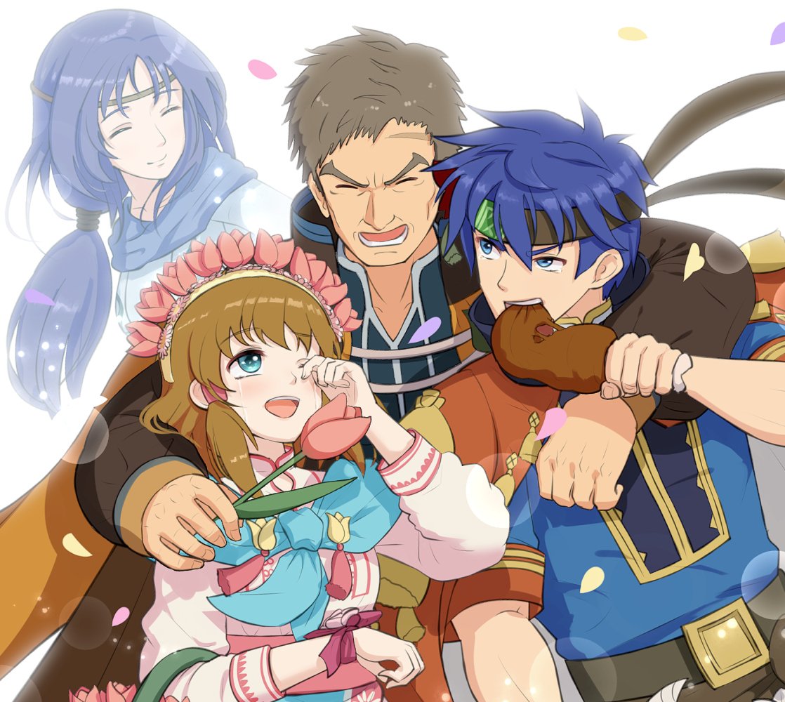 2boys armor blue_eyes blue_hair blush brown_hair cape eating eyes_closed father_and_daughter father_and_son fire_emblem fire_emblem:_souen_no_kiseki fire_emblem_heroes flower food gloves gonzarez green_eyes greil hair_tubes headband hug ike long_hair mist_(fire_emblem) mother_and_daughter mother_and_son multiple_boys nintendo one_eye_closed open_mouth petals scarf short_hair simple_background smile sword tears valentine weapon