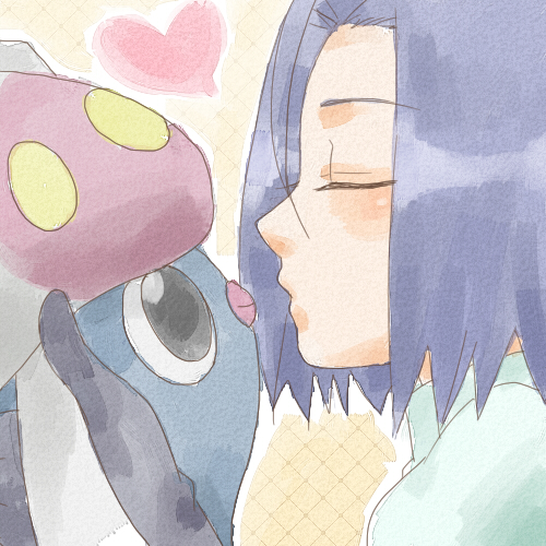 1boy blue_hair closed_eyes happy heart imminent_kiss inkay james_(pokemon) kiss kurumi_(forte) lowres male_focus pokemon pokemon_(anime) pokemon_xy_(anime) profile team_rocket yellow_background