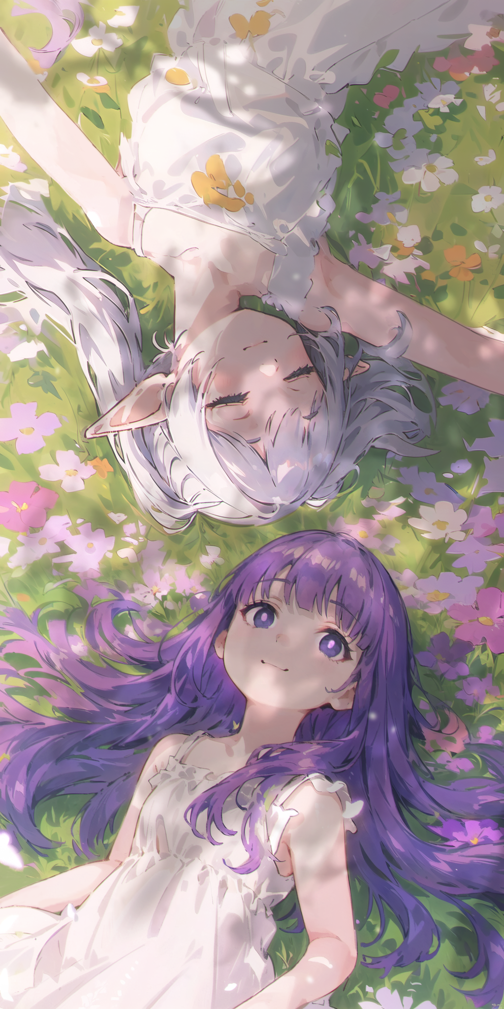 2girls :3 ai-assisted b74 bare_arms bare_shoulders blunt_bangs blush bright_pupils child chinese_commentary closed_eyes closed_mouth collarbone commentary_request daisy day dress elf english_commentary fern_(sousou_no_frieren) field flower flower_field flower_request frieren from_above grass grey_hair highres long_hair looking_at_viewer lying mixed-language_commentary multiple_girls on_back on_grass on_ground orange_flower outdoors parted_lips pink_flower plant pointy_ears purple_eyes purple_flower purple_hair sleeping sleeveless sleeveless_dress smile sousou_no_frieren sundress sunlight twintails very_long_hair white_dress white_flower white_hair white_pupils