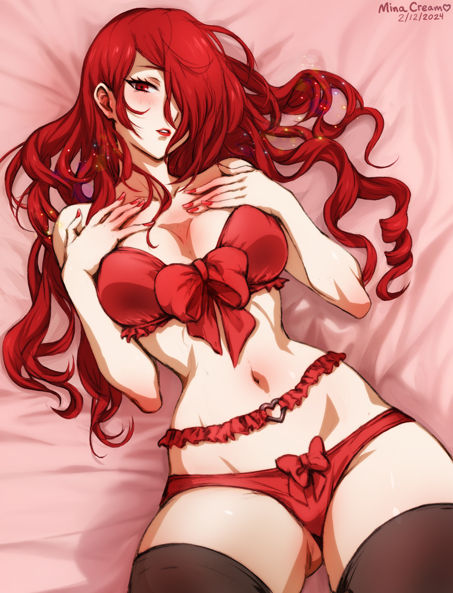 1girl bed_sheet blush bra breasts hair_over_one_eye highres kirijou_mitsuru long_hair looking_at_viewer lying medium_breasts mina_cream navel on_back panties persona persona_3 red_bra red_eyes red_hair red_panties solo thighhighs underwear underwear_only