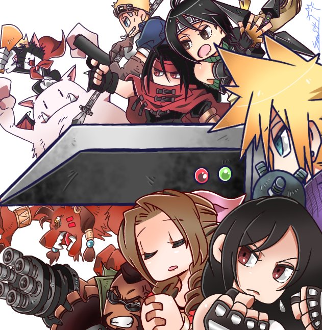 3girls 6+boys aerith_gainsborough anger_vein animal aqua_eyes armor bangle bare_shoulders barret_wallace beads black_fur black_gloves black_hair blonde_hair bracelet brown_hair buster_sword cait_sith_(ff7) cape cat chibi cid_highwind cigarette clenched_hands clenched_teeth cloak closed_mouth cloud_strife crop_top crown dangle_earrings dark-skinned_male dark_skin earrings facial_hair facial_mark fangs fangs_out fighting_stance final_fantasy final_fantasy_vii final_fantasy_vii_remake fingerless_gloves frown gloves goggles goggles_on_head green_shirt green_vest gun hair_beads hair_ornament hair_ribbon handgun headband holding holding_gun holding_megaphone holding_shuriken holding_sword holding_weapon jewelry long_hair materia megaphone mini_crown moogle multicolored_hair multiple_boys multiple_girls open_mouth orange_fur own_hands_clasped own_hands_together parted_bangs parted_lips pink_ribbon prosthetic_weapon purple_shirt red_cape red_cloak red_eyes red_headband red_xiii ribbon sen514_oekaki shirt short_hair shoulder_armor shuriken sidelocks single_earring spiked_hair stubble sunglasses sword teeth tifa_lockhart two-tone_hair vest vincent_valentine wavy_hair weapon white_background white_fur white_shirt yuffie_kisaragi