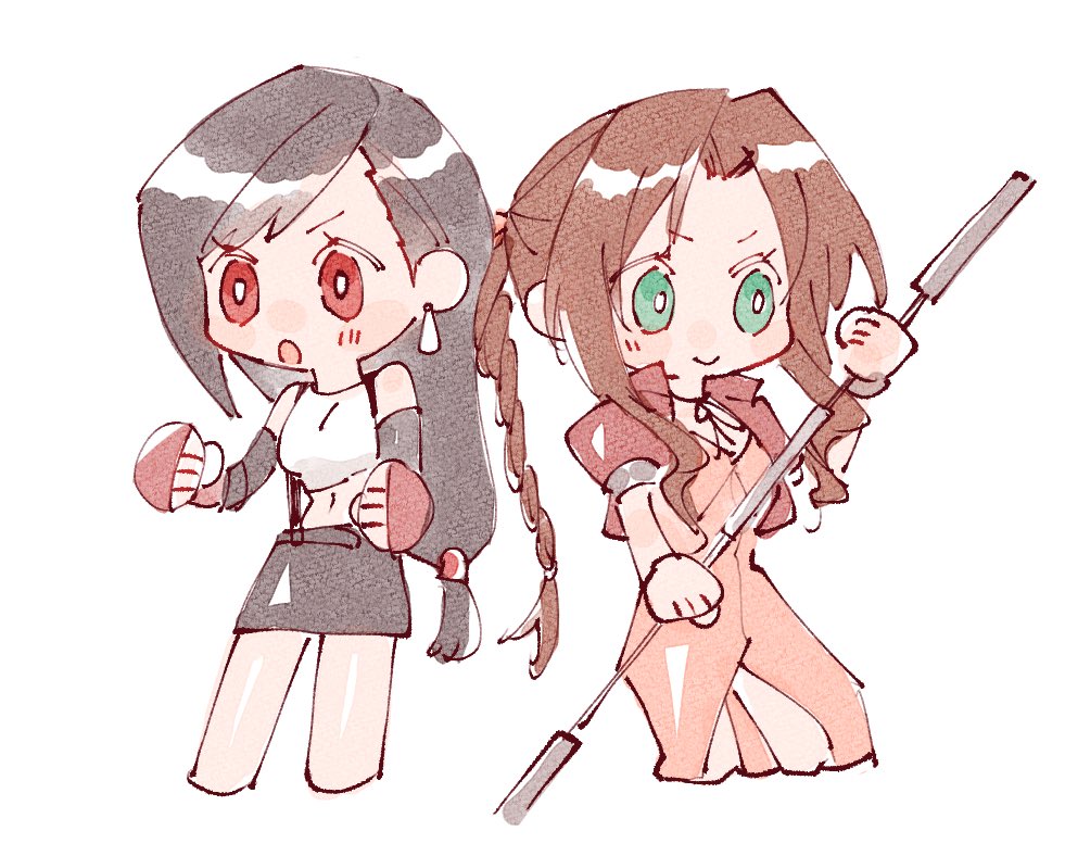 2girls aerith_gainsborough bare_shoulders black_gloves black_skirt blush braid braided_ponytail breasts center_opening chibi choker clenched_hands closed_mouth crop_top cropped_jacket cropped_legs dangle_earrings dress earrings elbow_gloves fighting_stance final_fantasy final_fantasy_vii fingerless_gloves gloves green_eyes hair_tie holding holding_staff jacket jewelry long_dress long_hair low-tied_long_hair midriff miniskirt multiple_girls nitoya_00630a open_mouth parted_bangs pink_dress puffy_short_sleeves puffy_sleeves red_eyes red_gloves red_jacket ribbon_choker shirt short_sleeves sidelocks single_braid skirt sleeveless sleeveless_shirt smile staff suspenders tifa_lockhart v-shaped_eyebrows white_shirt