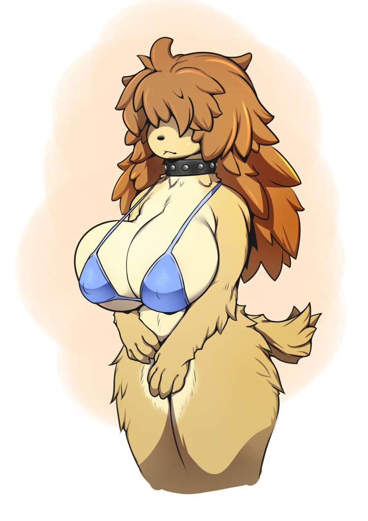 1girl :&lt; animal_nose bikini body_fur breasts brown_hair collar covered_nipples cropped_legs dog_girl dog_tail furry furry_female hair_over_eyes j7w large_breasts long_hair messy_hair original solo standing studded_collar swimsuit tail thighs undersized_breast_cup