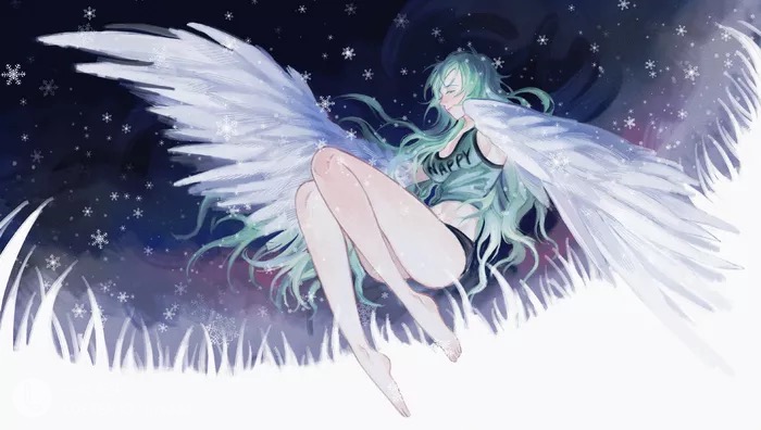 1girl bare_legs barefoot black_shorts closed_eyes clothes_writing dark_background floating_hair green_hair green_tank_top harpy jj_(pixiv_19227432) long_hair micro_shorts monet_(one_piece) monster_girl one_piece shorts smile snowflakes tank_top thighs white_wings winged_arms wings