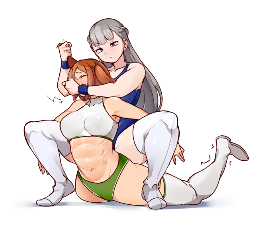 2girls abs alternate_muscle_size blue_eyes brown_hair closed_eyes crying frieren frown grabbing_another's_hair grey_hair hanzo_(2929) kanne_(sousou_no_frieren) lawine_(sousou_no_frieren) long_hair multiple_girls muscular muscular_female sitting sitting_on_person sousou_no_frieren tank_top tears thighhighs white_background wrestling wrestling_outfit wristband yuri