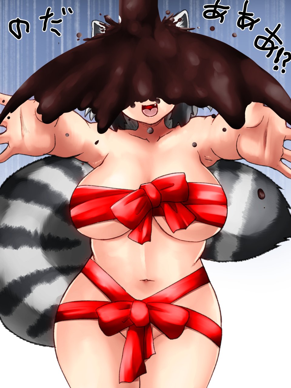 1girl animal_ears black_hair breasts chocolate common_raccoon_(kemono_friends) grey_hair highres isna_(footprintsofisna) kemono_friends large_breasts looking_at_viewer multicolored_hair naked_ribbon navel open_mouth raccoon_ears raccoon_girl raccoon_tail red_ribbon ribbon short_hair smile solo tail valentine white_hair